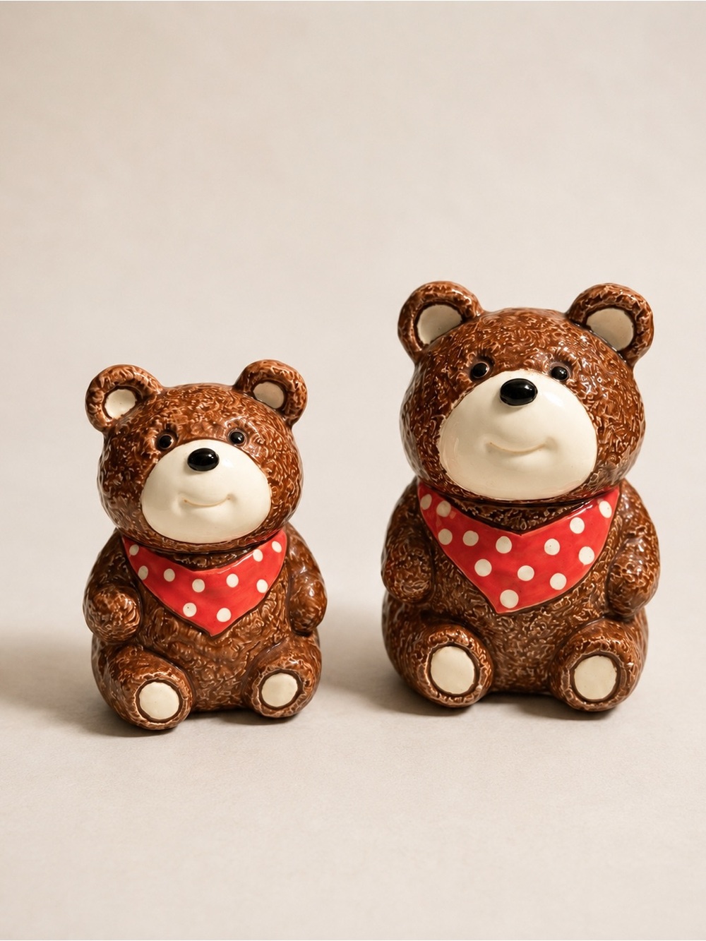 Vintage Otagiri Japan 1983 Teddy Bear Lidded Jars Set of 2 Red Polka Dot Bandana